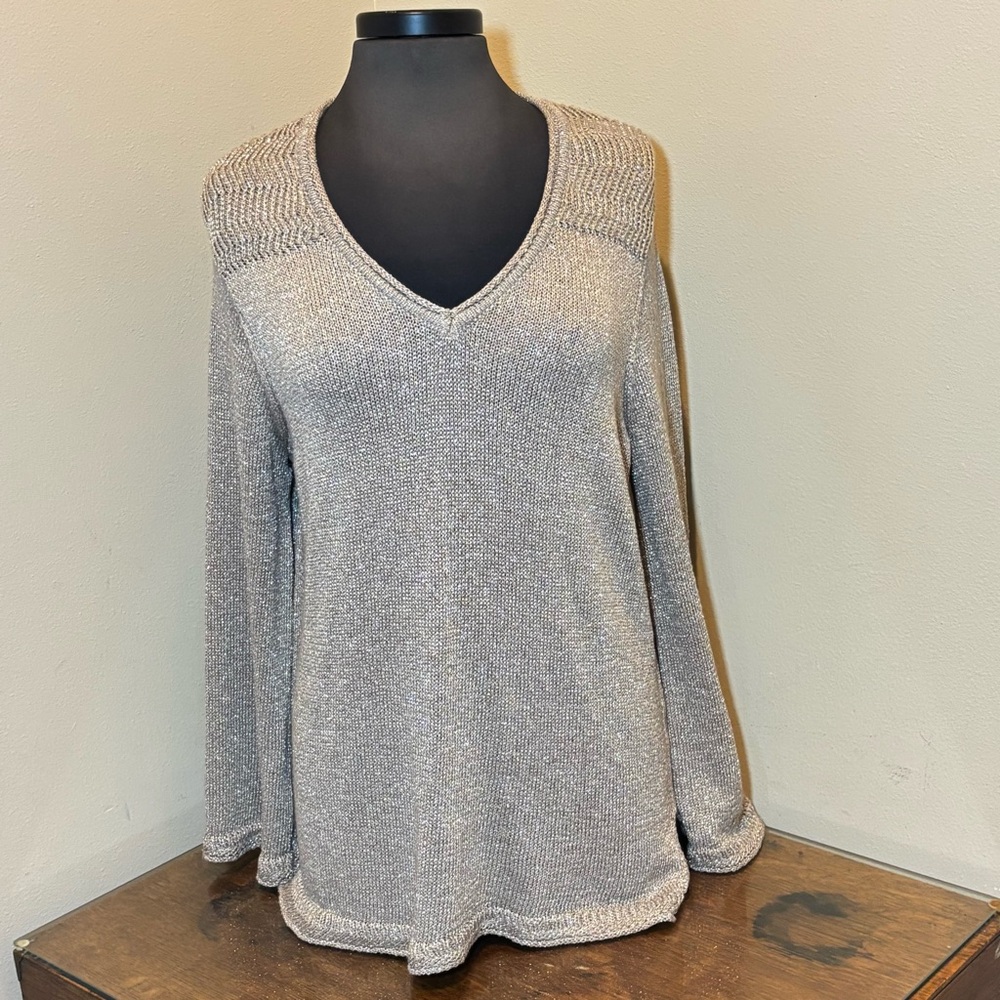 Democracy Gold Metallic Knit V-Neck Sweater, Large